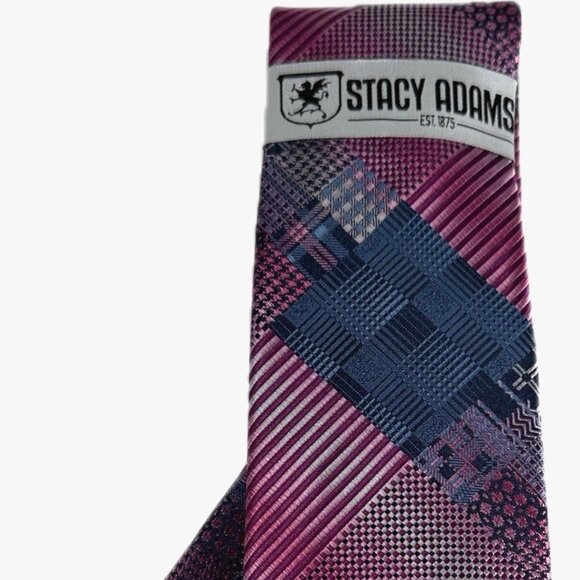 Stacy Adams Men's Tie Hanky Set Fushia Cobalt Blue Plaids Checks Microfiber New - Picture 2 of 5